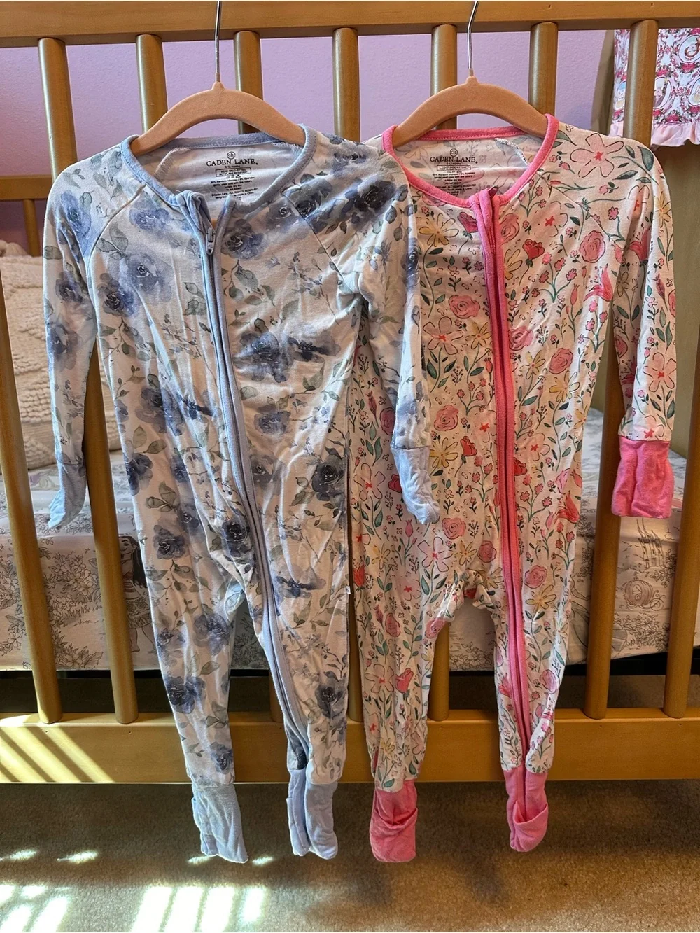 Caden Lane Floral Footed Pajamas in blue and pink